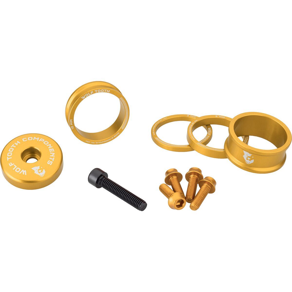 Image of Wolf Tooth Components Anodized Color Kit Gold, 3mm,5mm,10mm,15mm Headset Spacers & 5mm Top Cap
