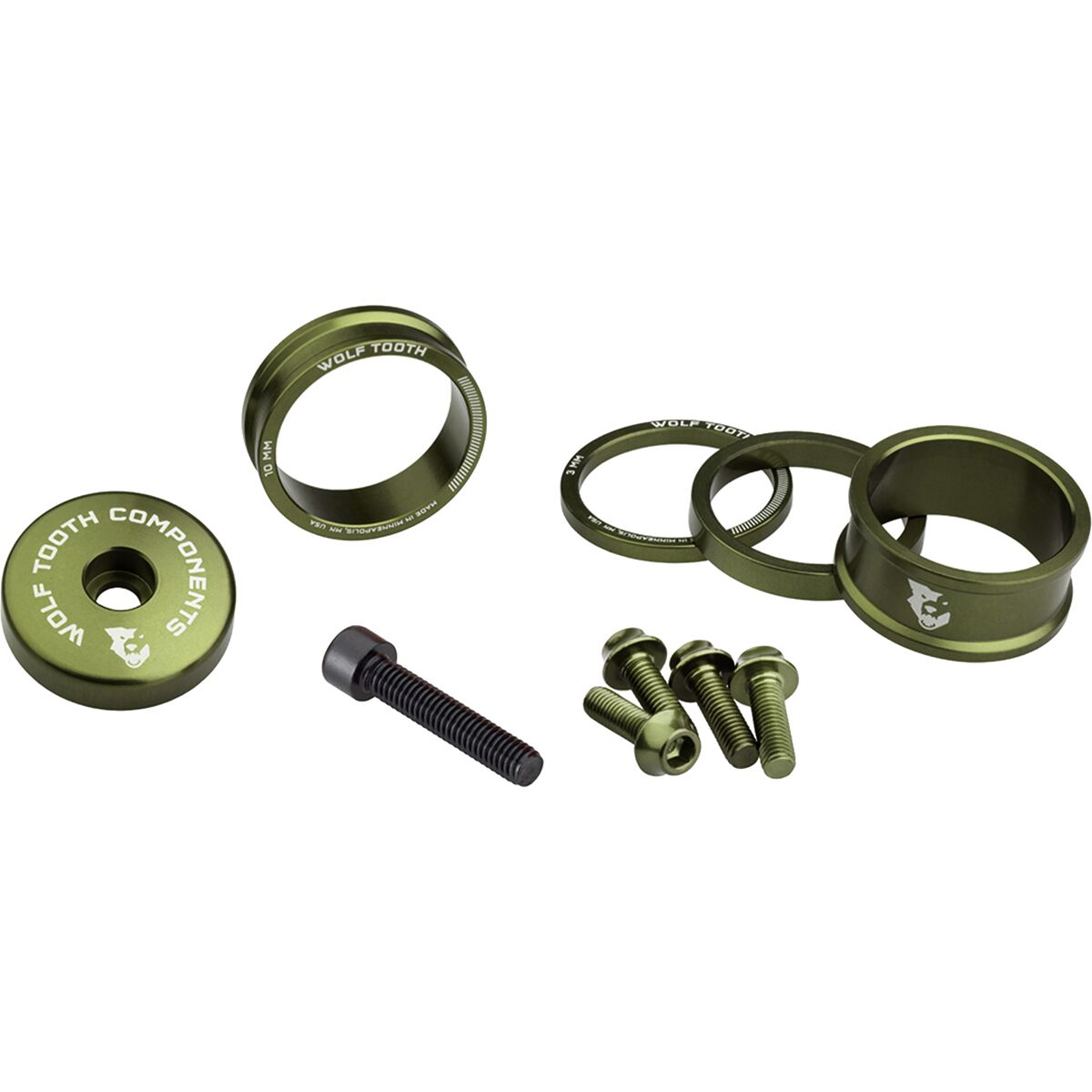 Image of Wolf Tooth Components Anodized Color Kit Olive, 3mm,5mm,10mm,15mm Headset Spacers & 5mm Top Cap