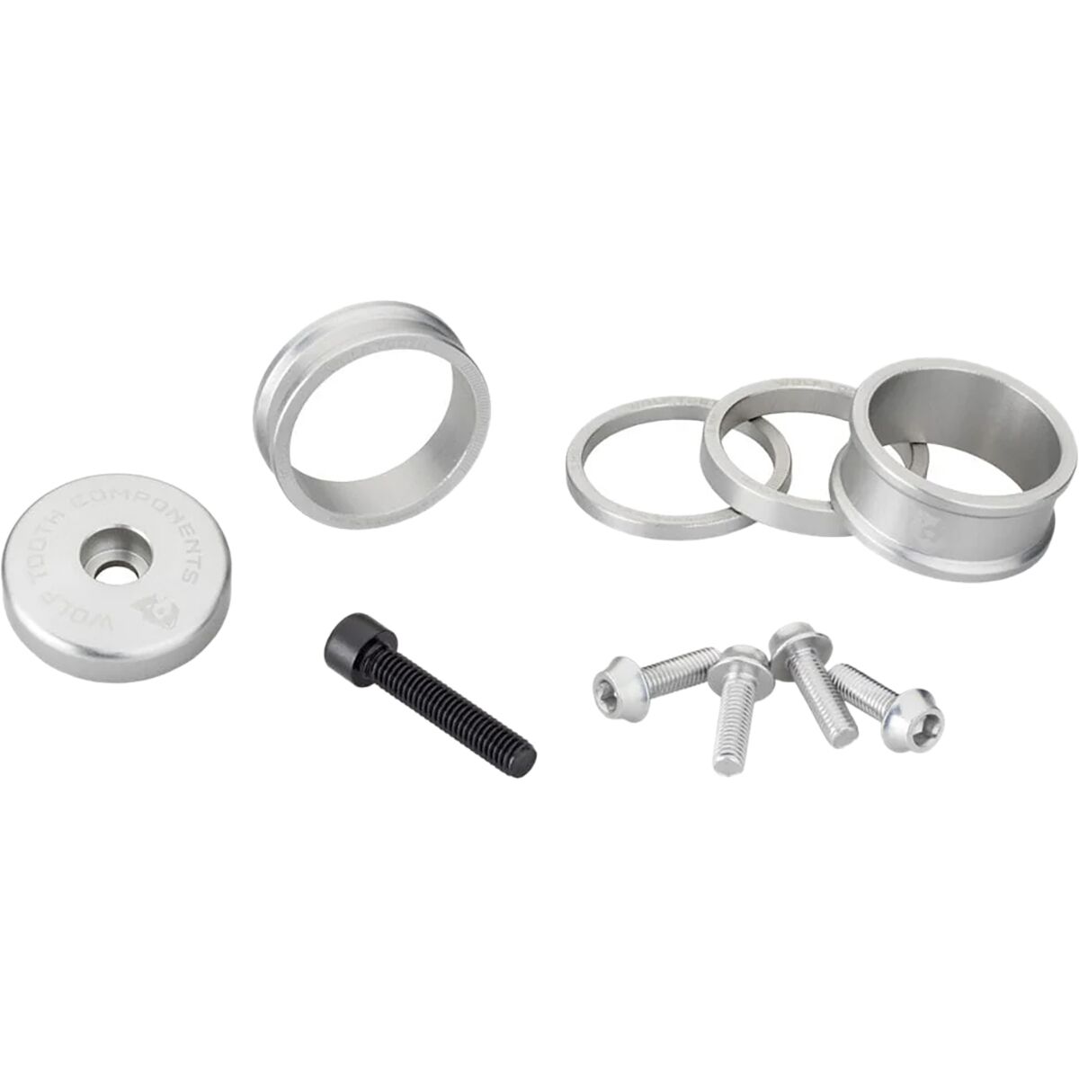 Image of Wolf Tooth Components Anodized Color Kit Raw Silver, 3mm,5mm,10mm,15mm Headset Spacers/5mm Top Cap