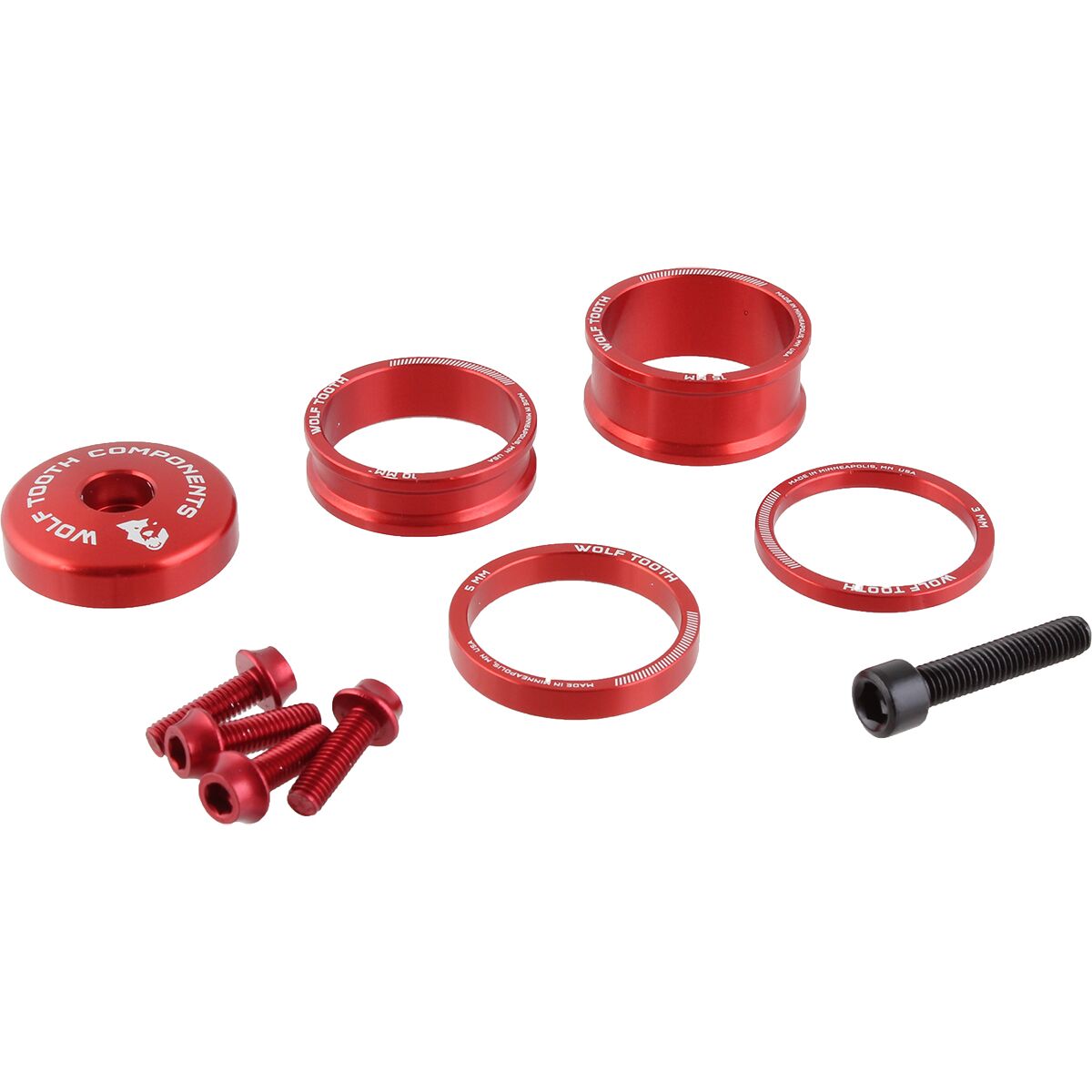 Image of Wolf Tooth Components Anodized Color Kit Red, 3mm,5mm,10mm,15mm Headset Spacers & 5mm Top Cap