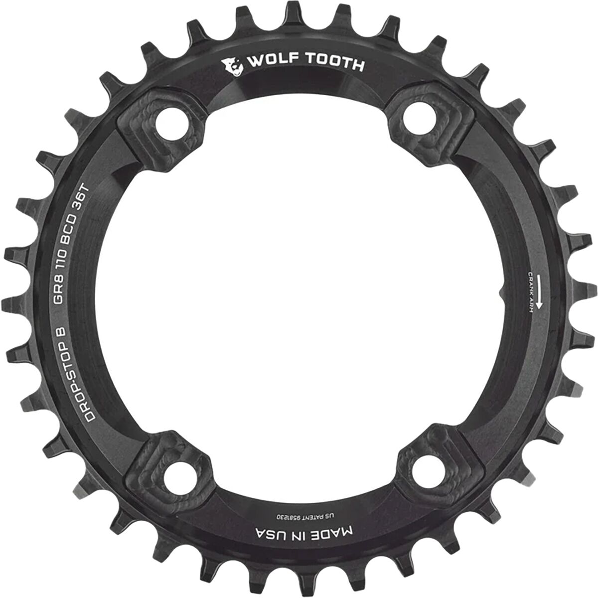 Image of Wolf Tooth Components Drop Stop B Asymmetric 4-Bolt Shimano GRX Chainring Black, 36t