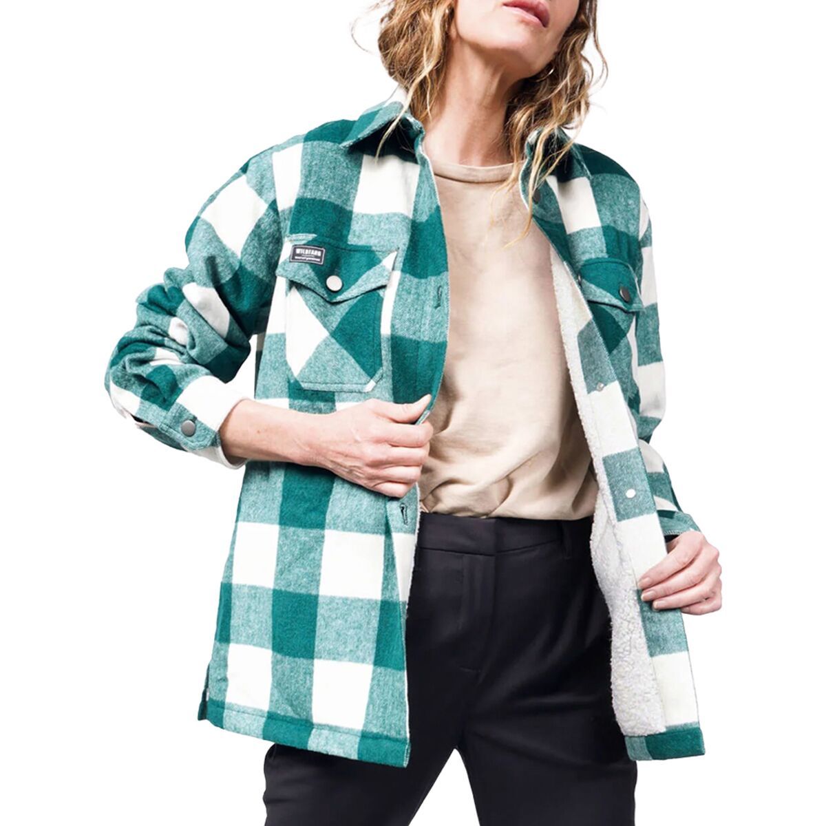 Image of Wildfang The Essential Flannel Fleece Lined Shacket Forest/White, S
