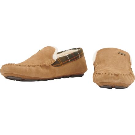 Men’s Barbour 
Brown Suede Leather Moccasin Slippers with Cream Fleece Lining. Barbour Mens Light Brown Suede Slippers Fur Lining main image 2