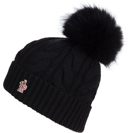 Moncler Black Cable Knit Beanie with Pom Pom Moncler Grenoble Cable-Knit Beanie with Fur Pom | Neiman Marcus main image 4
