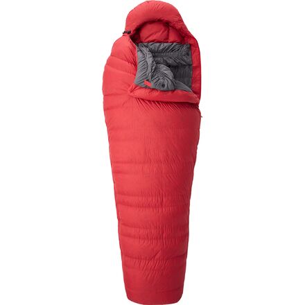 Mountain Equipment Xeros sleeping bag in crimson color showing the compressed stuff sack and full sleeping bag layout